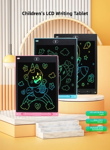 Detail of 12-inch LCD writing tablet showing colorful handwriting and lock button