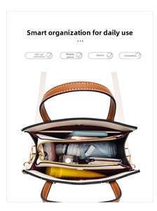 Top-down detail of large capacity handbag interior with organized zip compartments