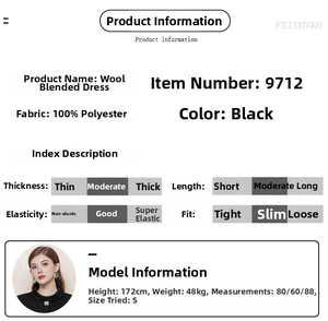Guide des tailles pour robe en tweed noir avec détails du tissu et mesures