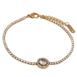 Gold plated tennis bracelet with round halo centerpiece and adjustable lobster clasp