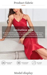 Detail of red imitation silk slip dress showing V-neck design and high gloss satin texture