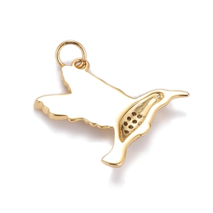 Exquisite gold hummingbird pendant with white enamel inlay and detailed crystal setting