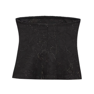 Sultry black ruched tube top featuring a textured fabric and a hidden back zipper