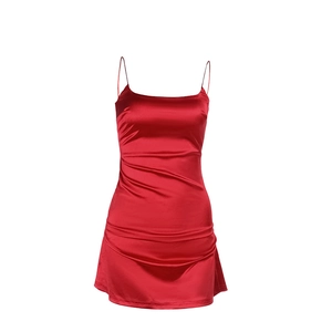 Elegant red satin bodycon slip dress with thin straps shown on a white background