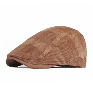 Retro British Plaid Corduroy Flat Cap Men Women Adjustable Checkered Newsboy Beret Hat Vintage Casual