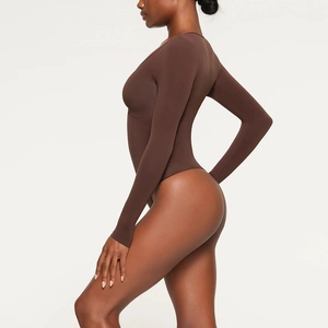 Chic brown long-sleeve bodysuit with thong back design for women in minimalist style