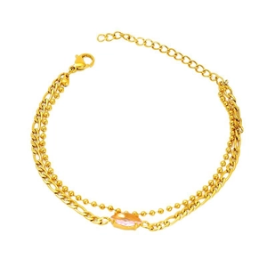Double-layer 18k gold plated stainless steel bracelet with pink marquise stone and bead chain