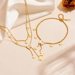 Double-layer gold stainless steel butterfly anklet with white shell inlay charms
