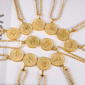 Exquisite 18K gold plated titanium steel zodiac coin pendant necklaces on spiral chains