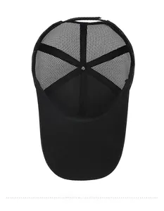 Detail view of the breathable mesh structure and adjustable strap inside a black baseball cap