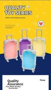 Detailed close-up of four colorful mini toy suitcases with transparent plastic shells