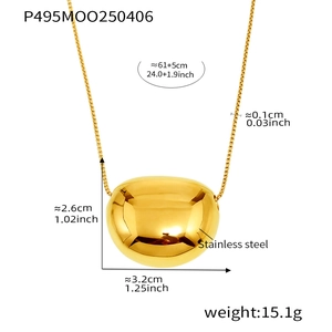 Detailed size chart for the gold bean pendant necklace in polished stainless steel