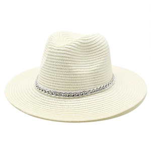 Elegant cream panama straw hat with a silver metal chain band for outdoor sun protection