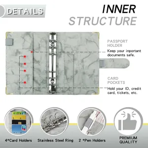 Grey marble PU leather A6 binder notebook with six-hole rings and card slots