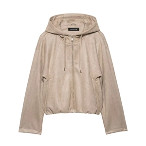 Women's light beige faux suede hooded bomber jacket with full zipper and drawstring