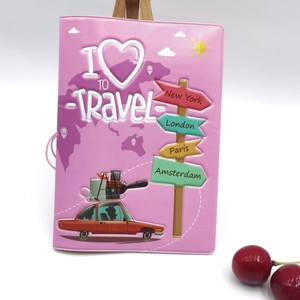 Pink PU leather passport holder with embossed world map and vintage travel car design