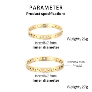Technical view of gold stainless steel star bangles with inner diameter measurements