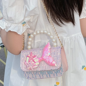 Mermaid Princess Kids Crossbody Bag Tweed Sequin Artificial Pearl Handle Metal Chain Glittery Shoulder Handbag For Little Girls
