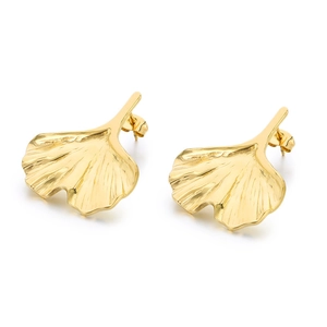 Irregular ginkgo leaf stud earrings in 18K gold plated brushed stainless steel