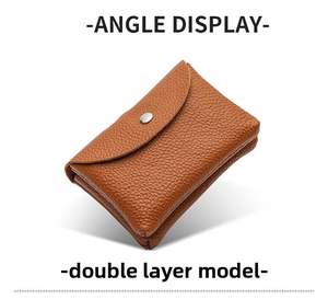 Macro side view of a brown lychee pattern leather wallet showing double-layer structure