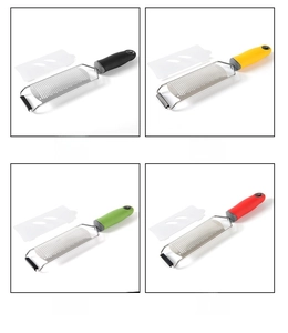 Detail view of colorful handheld cheese graters in black, yellow, green, and red options