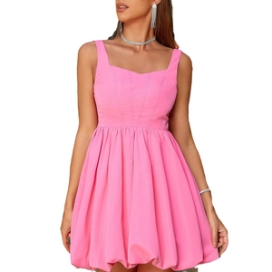 Damen Mini-Ballonkleid in Rosa mit quadratischem Ausschnitt und ärmellosem Design