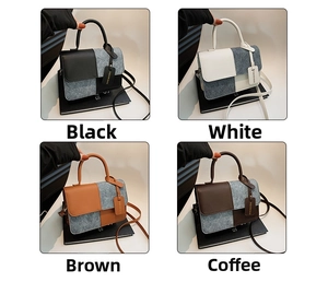 Detail view of four color-block square crossbody bags in black, white, brown, and coffee