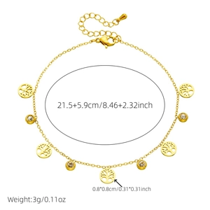 Gold plated stainless steel tree of life anklet with round crystal charms 21.5cm length