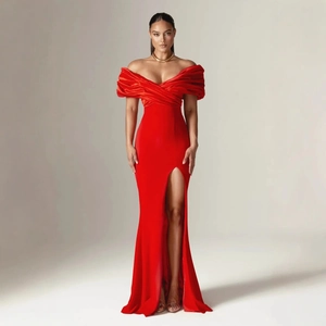 Elegant red off-shoulder evening gown with crossover pleated neckline and high slit