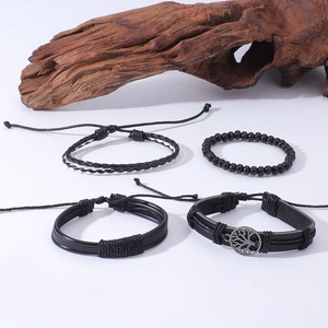 Men's 4-piece black multilayer braided leather bracelet set with Tree of Life charm