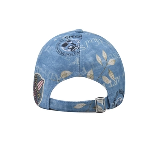 Detail view of denim baseball cap back with vintage motor prints and metal buckle
