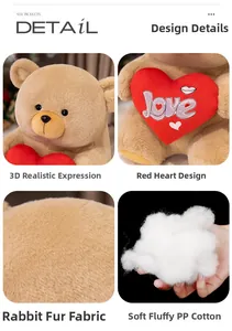 Detail view of brown plush teddy bear with rabbit fur texture and red Love heart cushion