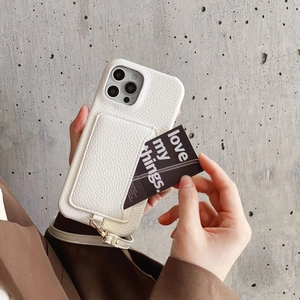 White litchi grain leather phone case with integrated card holder and matching lanyard