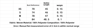 Guide des tailles et détails du tissu en satin montrant les mesures et 100% polyester info