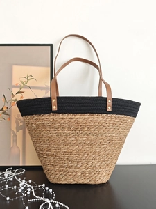Handwoven Straw Cotton Rope Tote Bag Contrast Color Large Capacity Beach Vacation Handbag With PU Leather Handle Metal Rivet