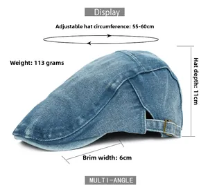 Detailed size parameters and metal buckle on washed blue denim newsboy flat cap
