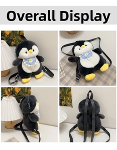 Detailed views of penguin plush backpack with blue scarf and adjustable black straps