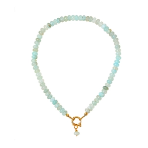 Elegant natural aquamarine beaded necklace with a golden round clasp for women