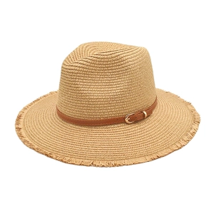 Wide Brim Straw Fedora Hat Frayed Edge Leather Band Metal Buckle Summer Sun Protection Breathable Beach Vacation Women