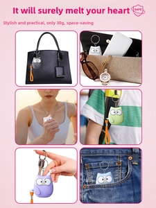 Portable owl safety alarm shown on bags and jeans pocket for outdoor personal security