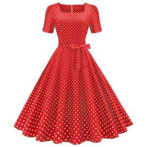 Vintage red and white polka dot square neck midi dress with a bow belt waist