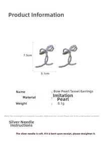 Detail view of pearl bow tassel earrings with size dimensions 7.5cm x 5.1cm on white background