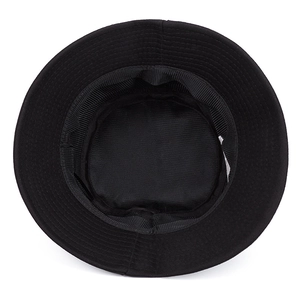 Detailed interior view of a black bucket hat showing inner sweatband and fabric texture