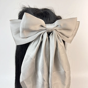 Détail d'une grande barrette à nœud en satin argenté sur d'élégants cheveux sombres
