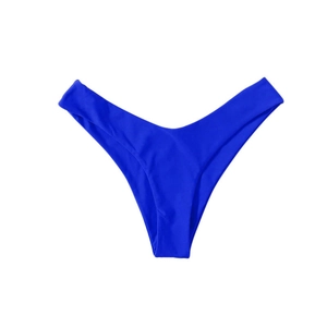 Minimalist solid blue high-cut bikini bottom with high elasticity on white background