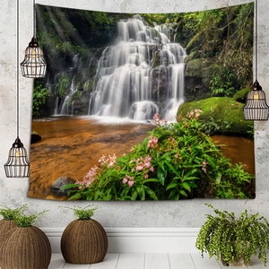 Detail of forest waterfall tapestry fabric texture and high-definition printed pattern