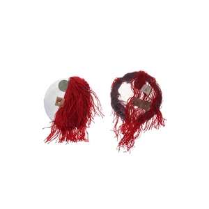 Silver needle shell fabric tassel earrings with red fringe and vintage brown accents