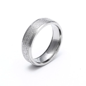 Detail of 6mm silver titanium steel ring featuring a textured matte frosted surface finish