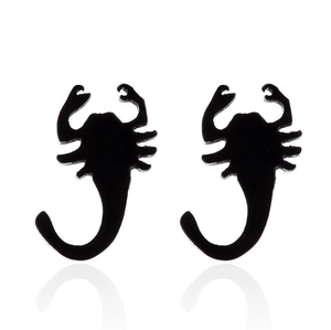 Unique black scorpion stud earrings with detailed gothic animal design on white background