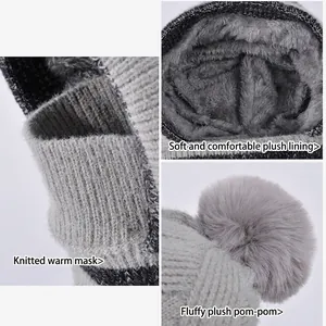 Winter thermal knit hat set with fleece lining, face mask and gray fluffy pompom